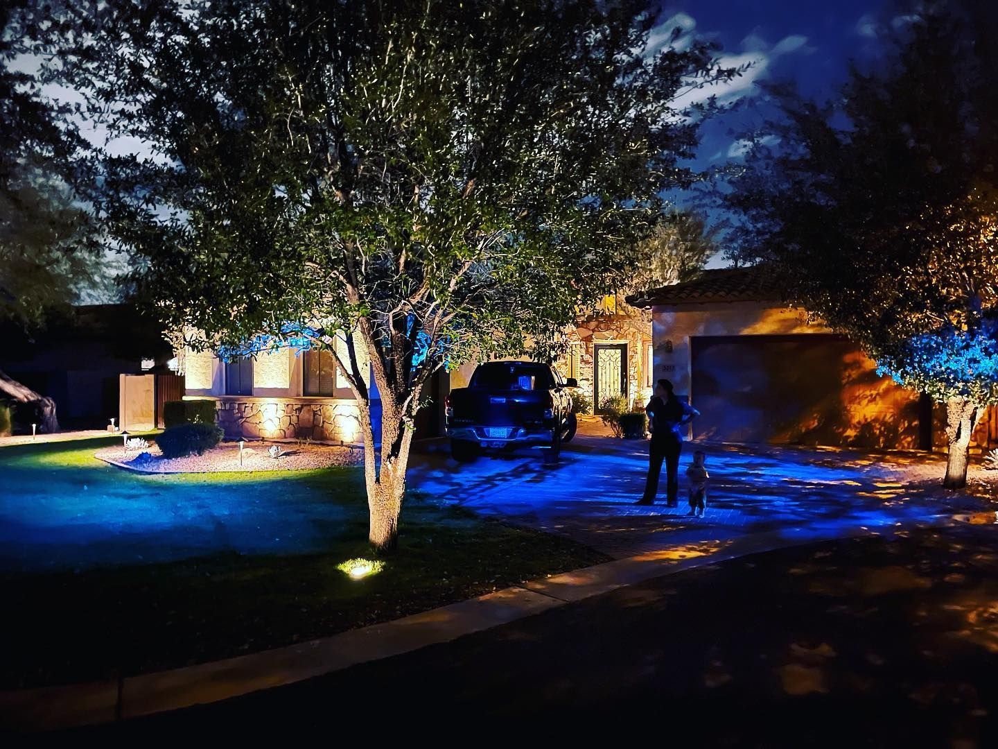 House and driveway lit with blue and warm lights at night, with a tree in the foreground and two people standing nearby