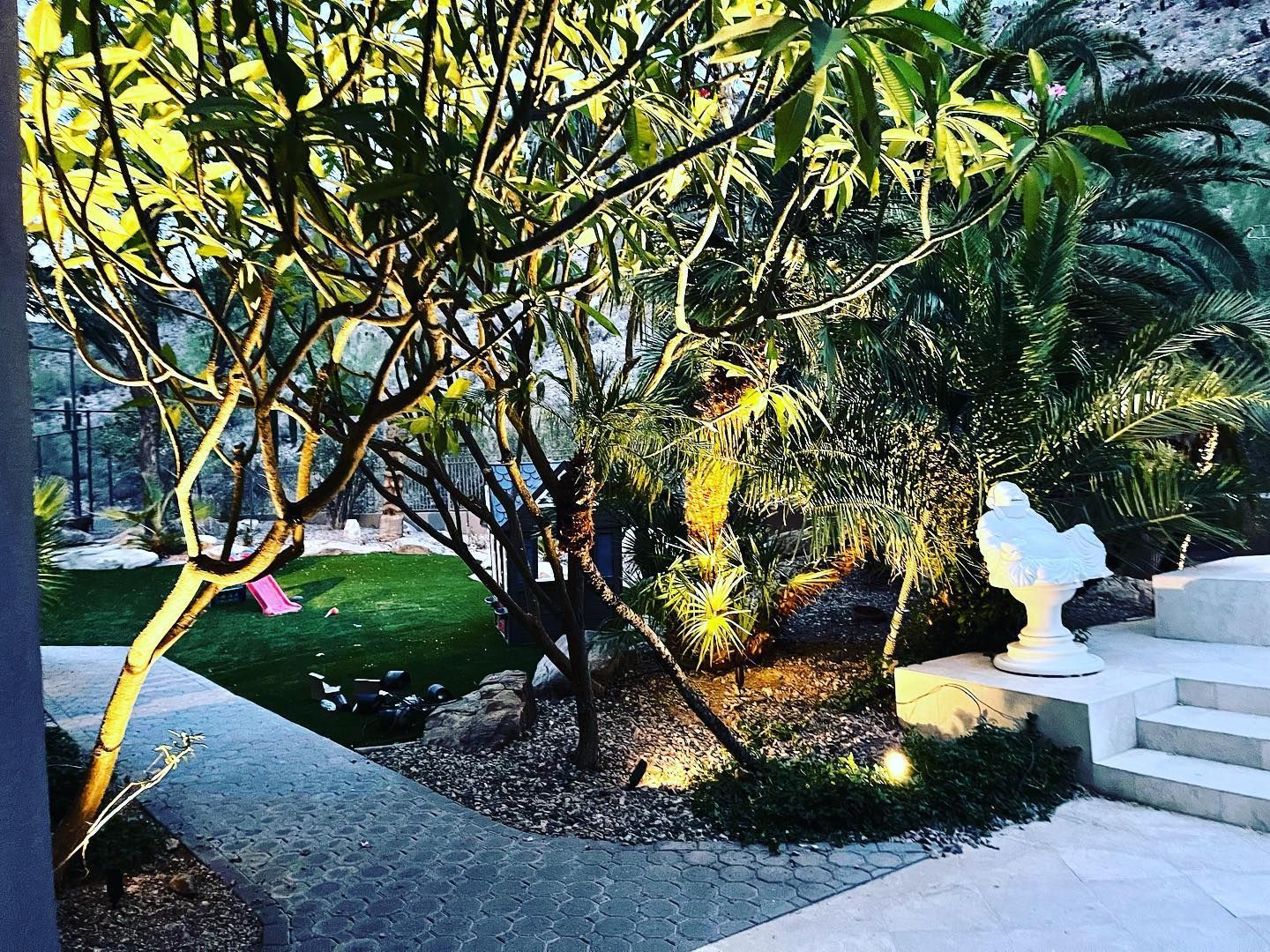 Sunlit garden path with trees, shrubs, stone steps, and a white bench near a pond-like edge