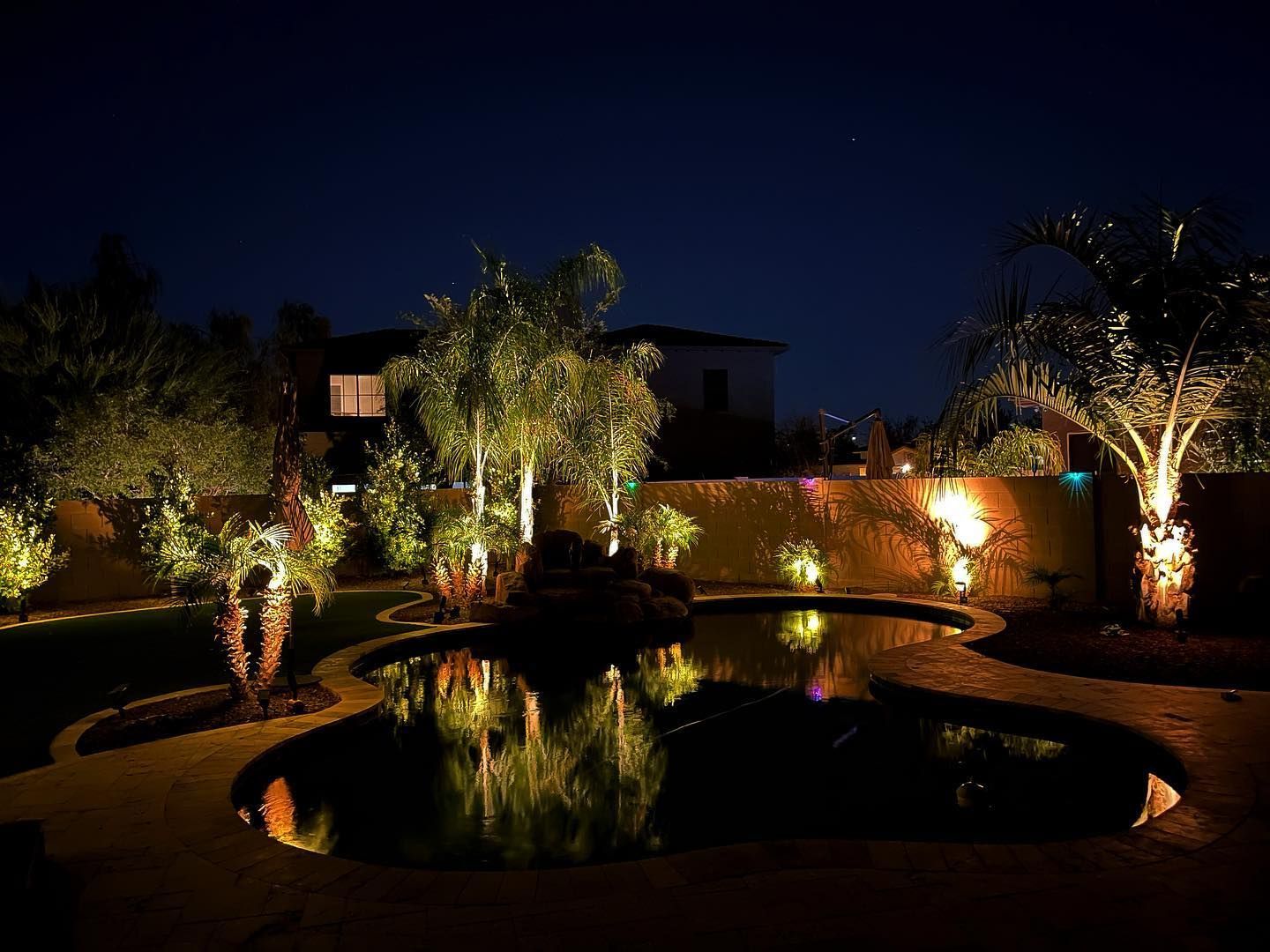 Nighttime garden with lit trees and a reflective pond