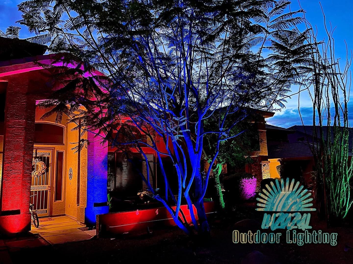 Colorful outdoor landscape lighting illuminates a house, trees, and garden at night.