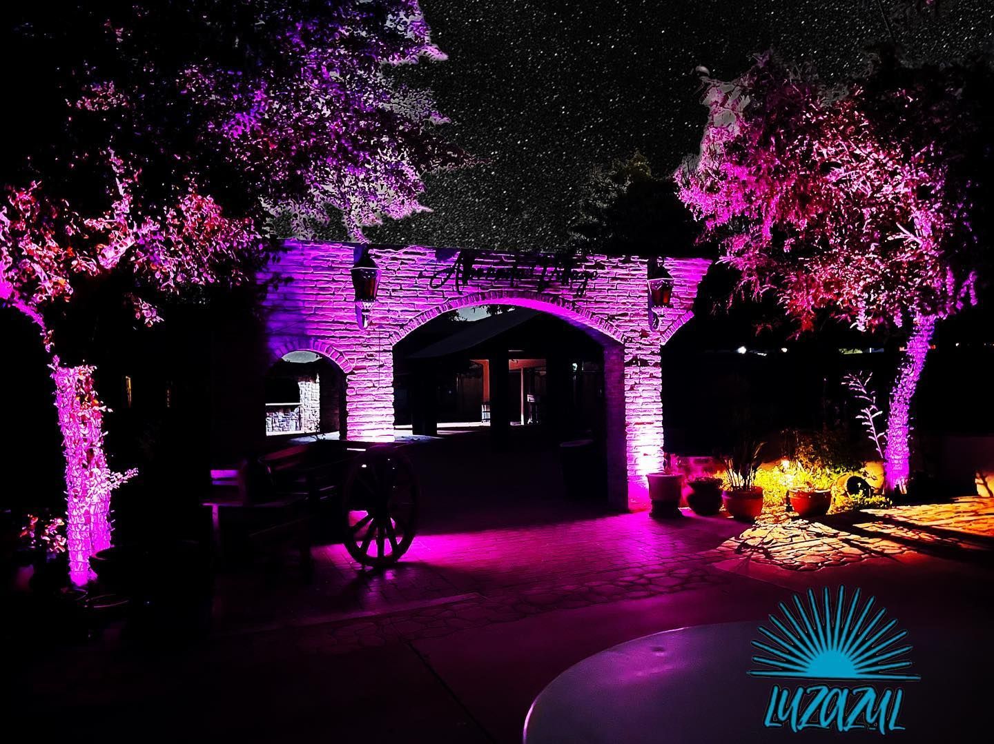 Nighttime view of a stone house lit in purple and pink with glowing trees and a fountain in front