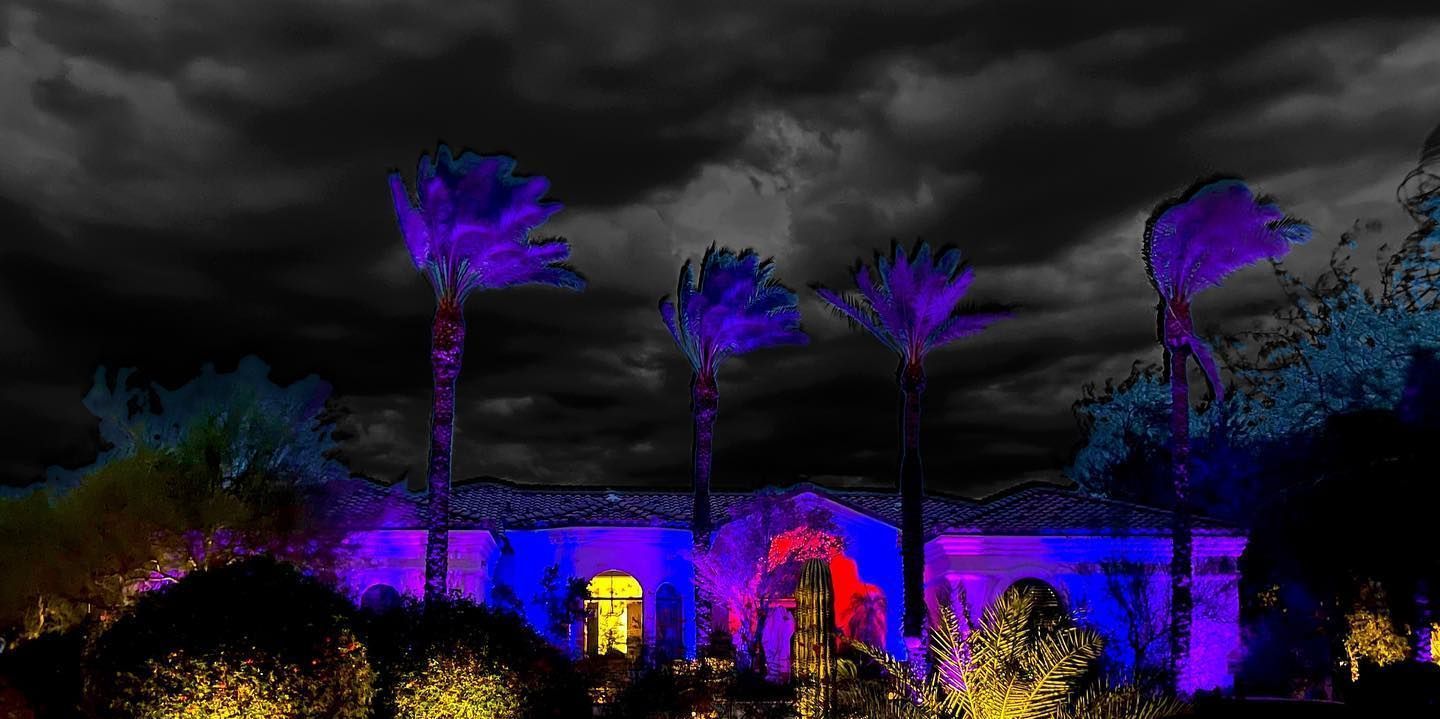 Purple-lit palm trees and a bright building under dark storm clouds at night