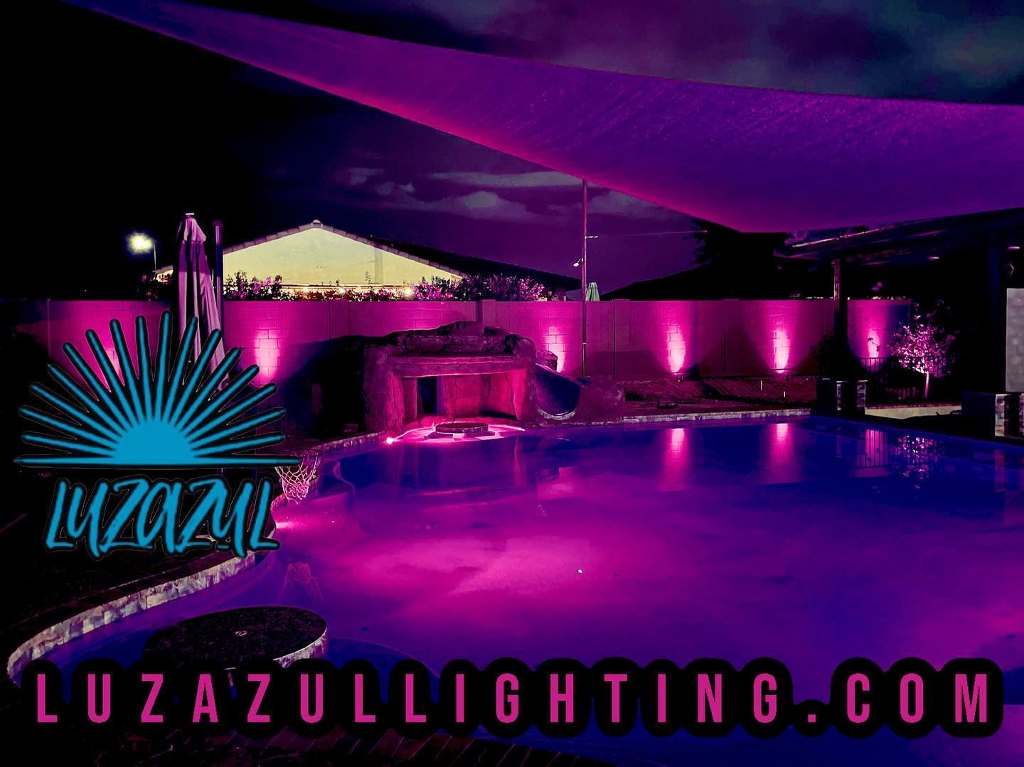 Purple-lit outdoor pool and patio at night with Luzazul Lighting branding and website text.