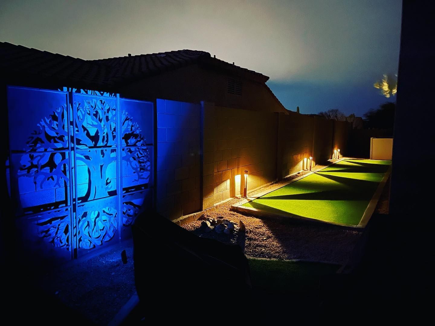 Night garden with blue-lit wall art and warm pathway lights beside a modern building
