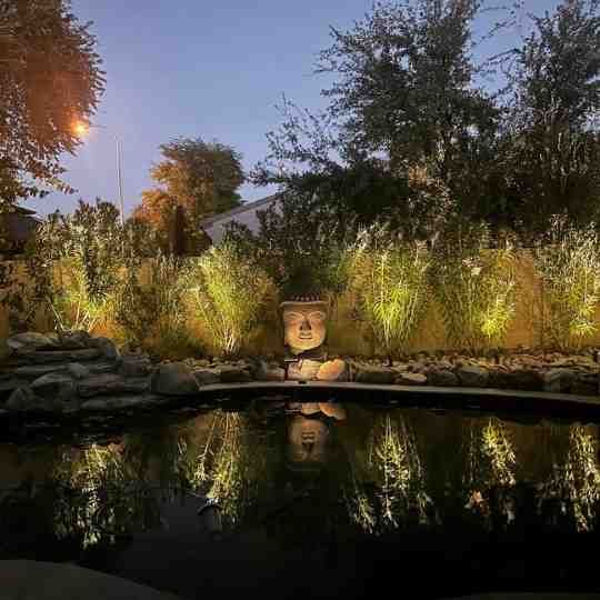 Twilight garden pond with lit bamboo, a stone lantern, and tree reflections in the water