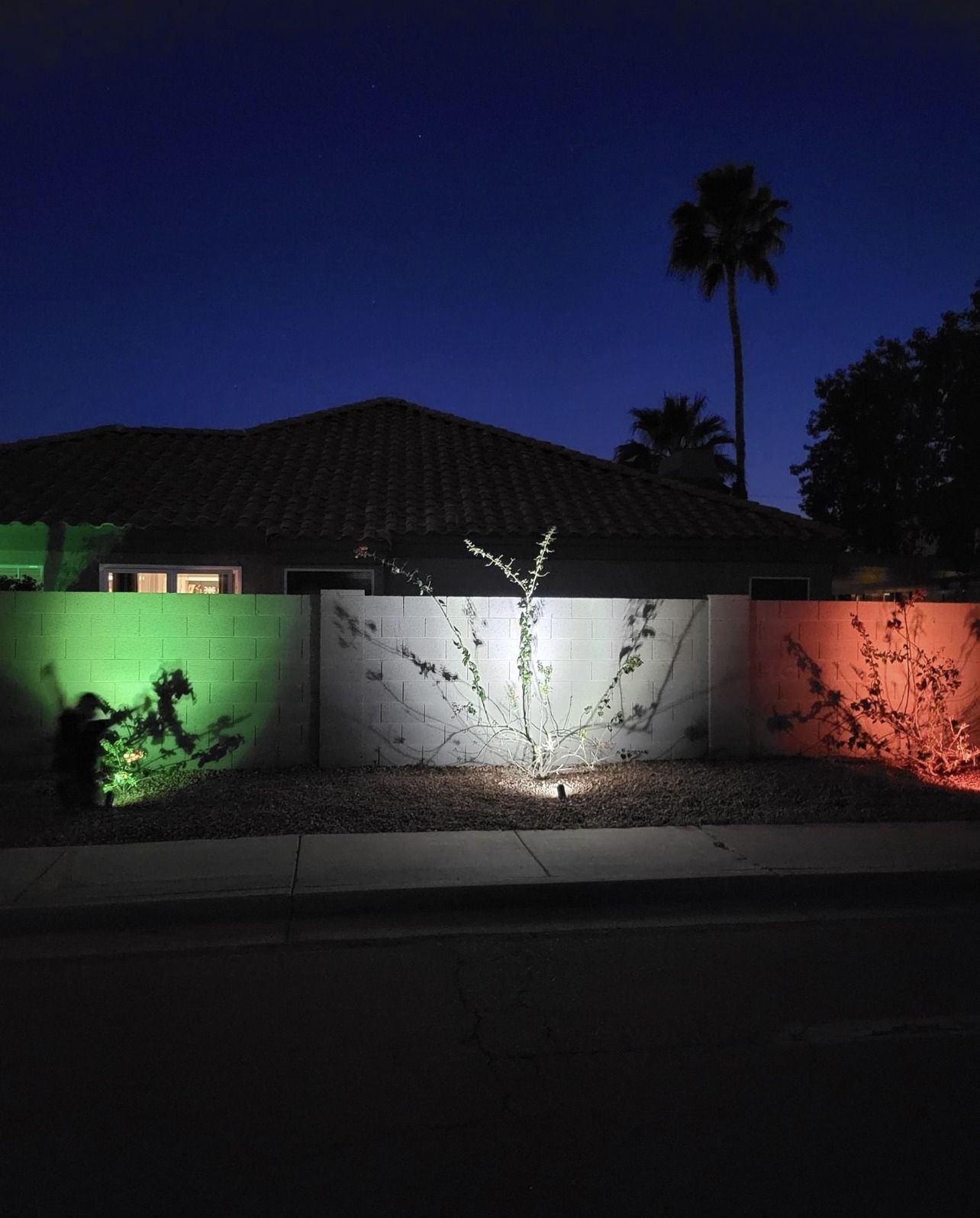House at dusk with green, white, and red wall lights, palm trees silhouetted against a dark blue sky.