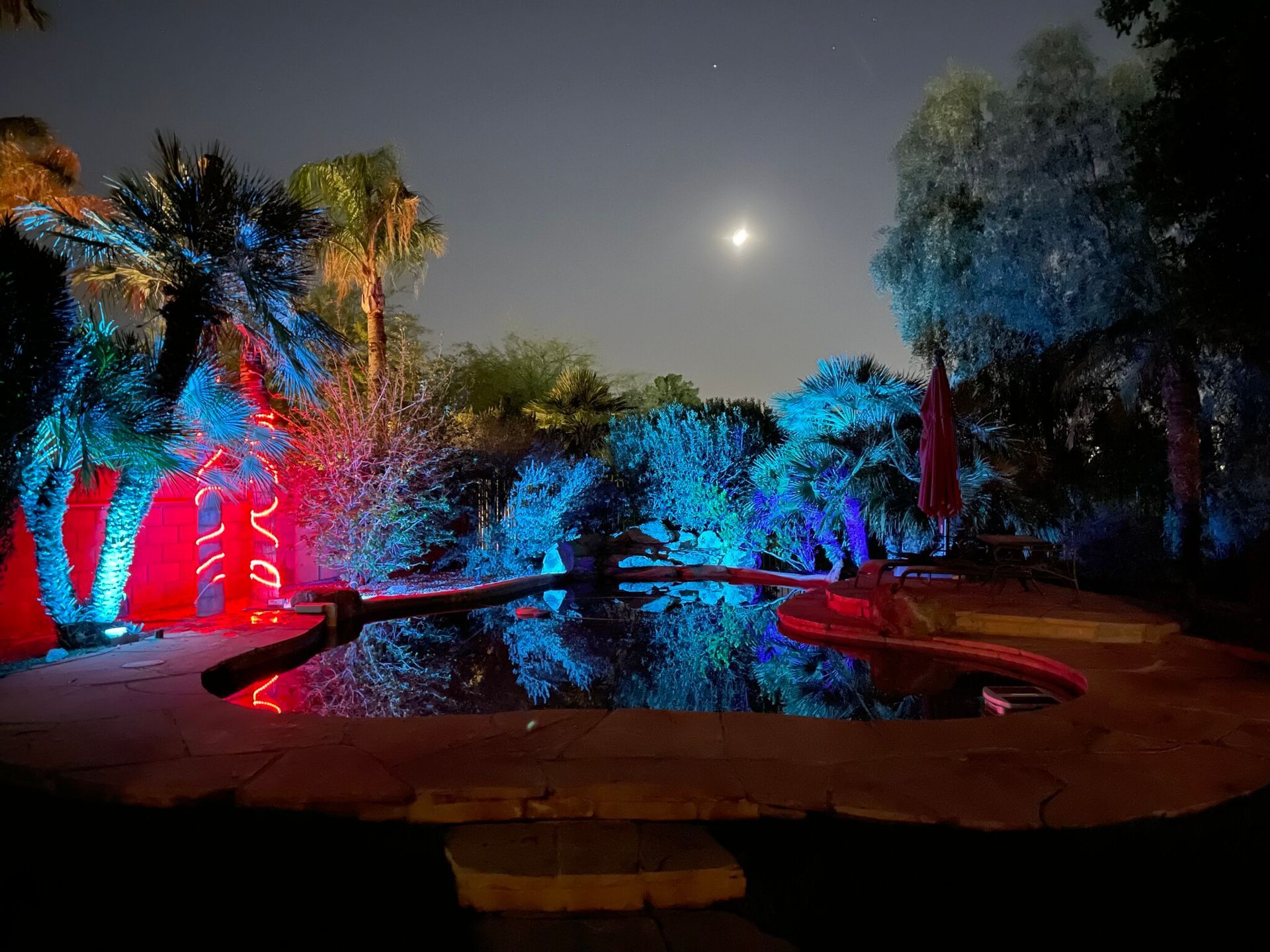 Night pool scene with red and blue lighting, palm trees, and a moonlit sky reflected in the water