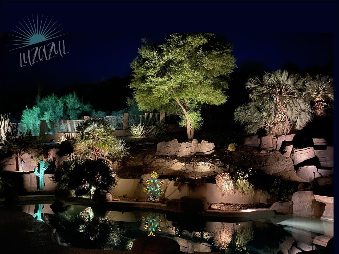 Nighttime desert garden with lit trees, rocks, and a reflecting pool under a dark sky