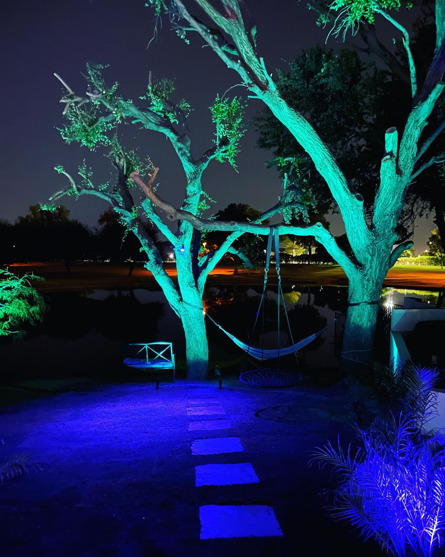 Night garden with glowing blue-lit trees and a hammock over a pond, with stepping stones in front.