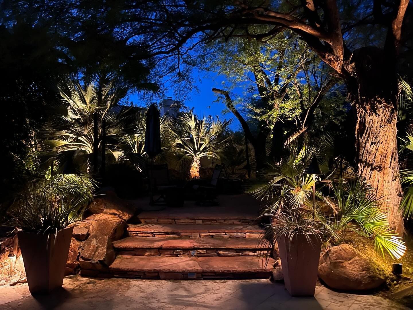 A lit garden path with stone steps, potted plants, and trees against a deep blue night sky.