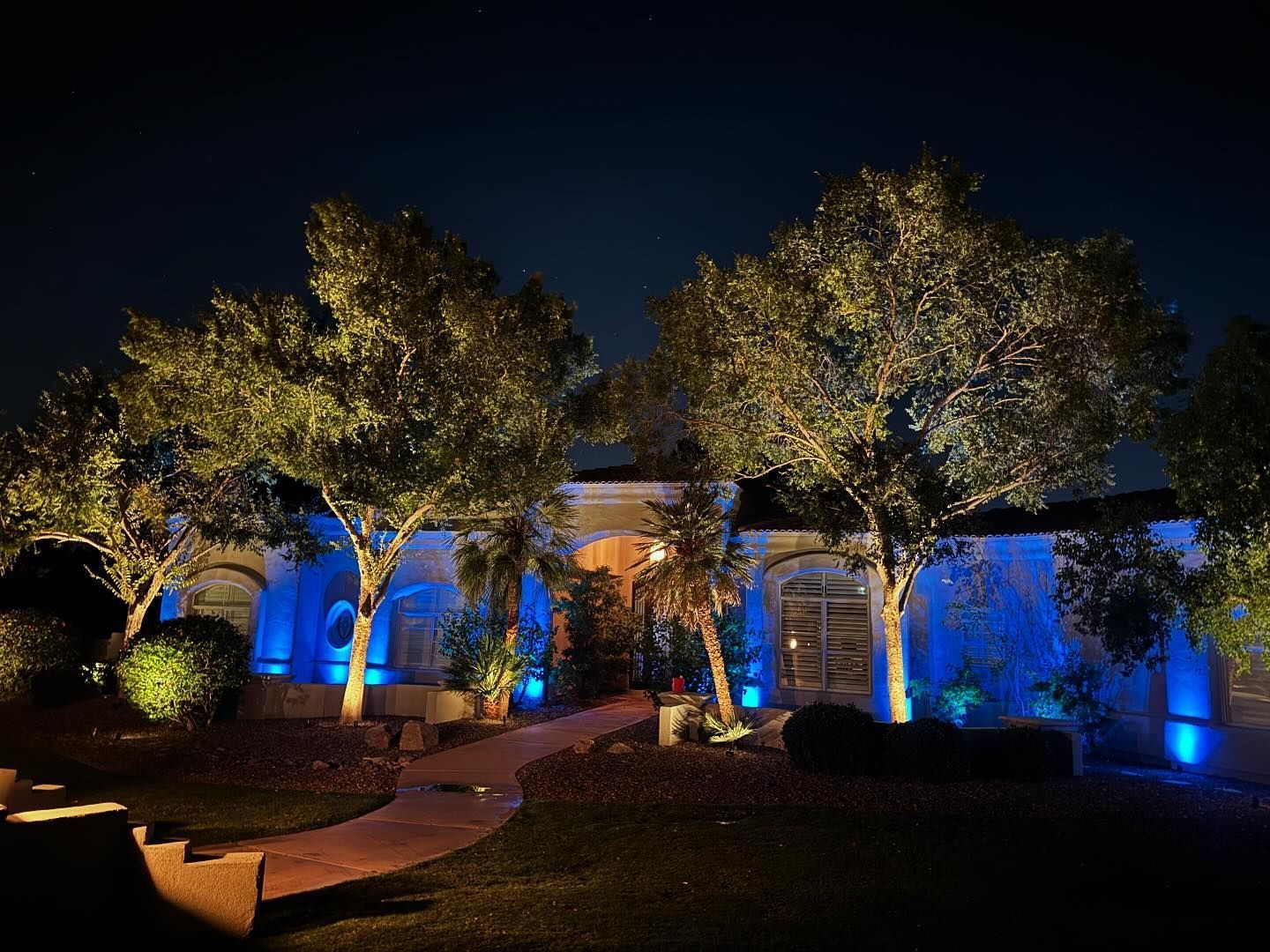 Nighttime garden with trees and stone wall lit by blue uplights and warm path lighting
