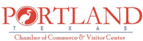 Logo for Portland, Texas Chamber of Commerce & Visitor Center; red text, circle with heron.