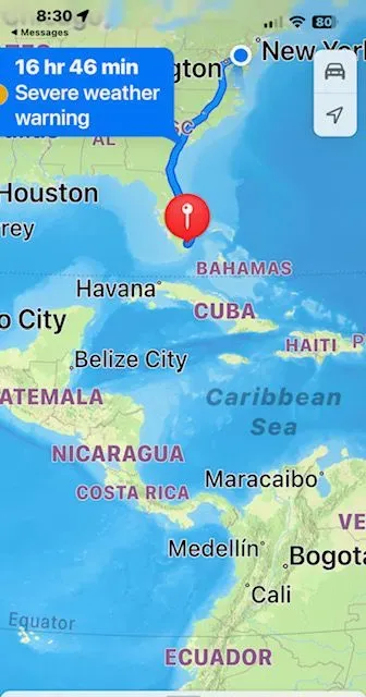 A map of the caribbean shows a severe weather warning
