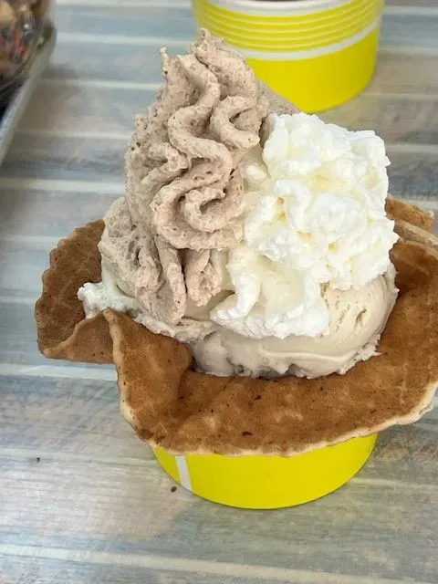 A cup of ice cream with whipped cream on top