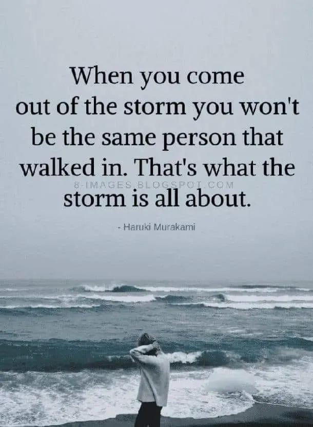 When you come out of the storm you won t be the same person that walked in that 's what the storm is all about