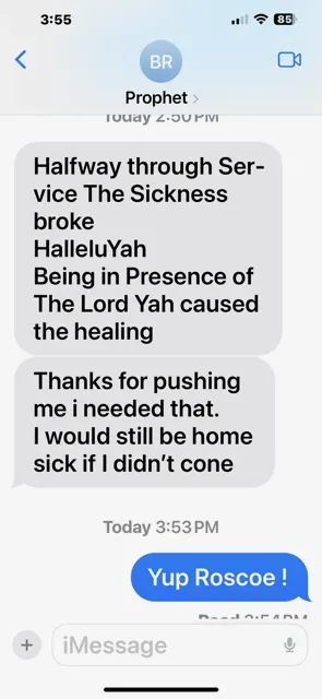 A screenshot of a text message between prophet and yup roscoe