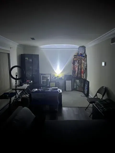 A living room with a projector in the ceiling.