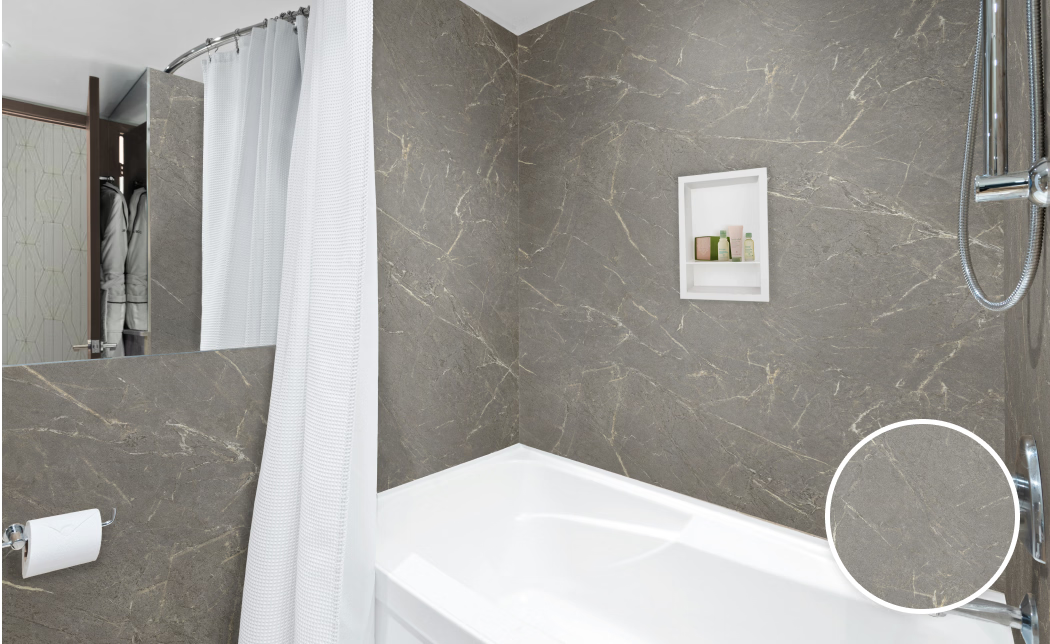 A bathroom with a bathtub and a shower curtain.