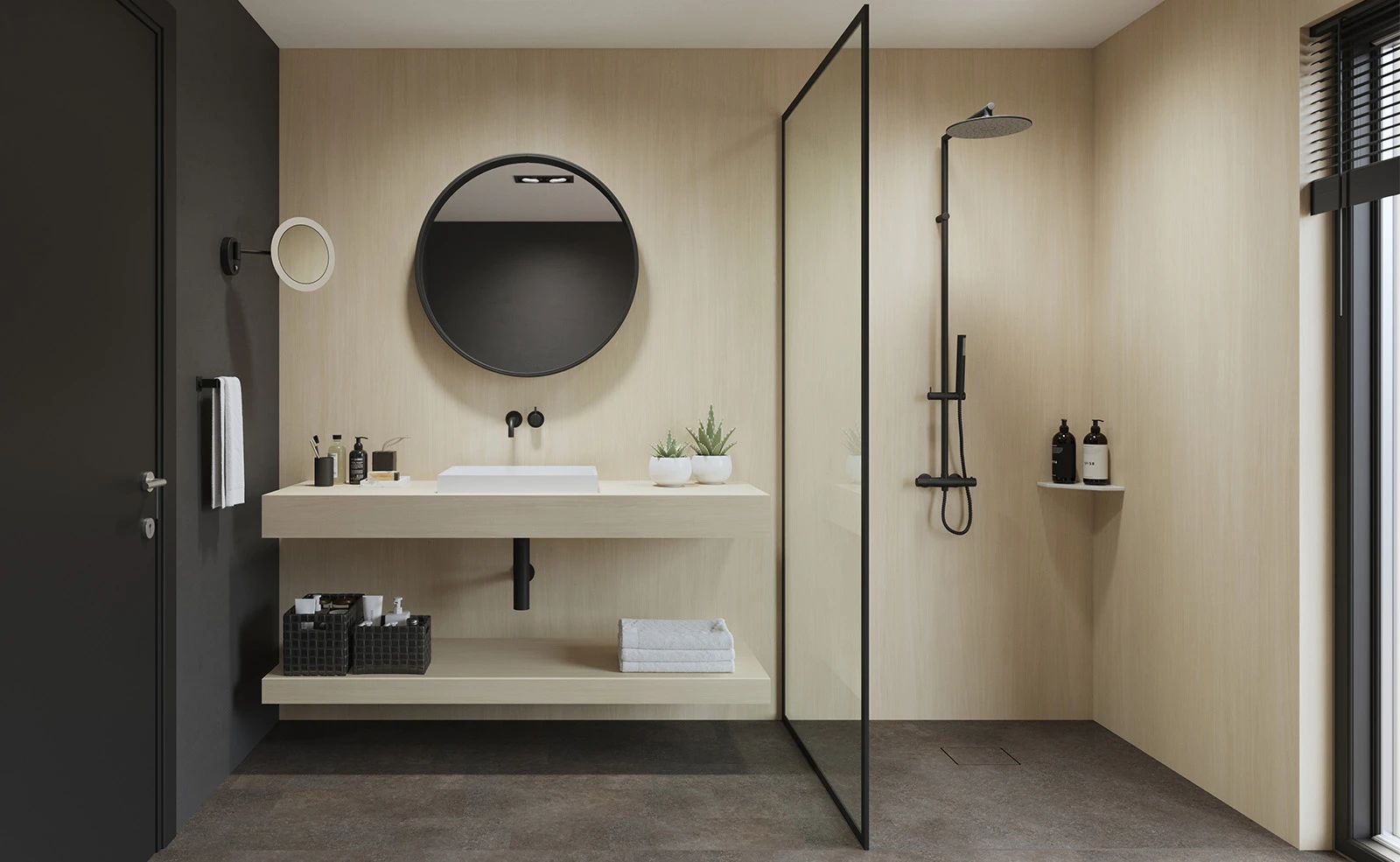 A bathroom with a sink , mirror , and shower.