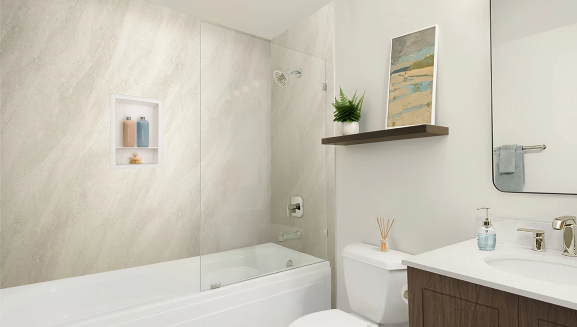 A bathroom with a sink , mirror , and shower.