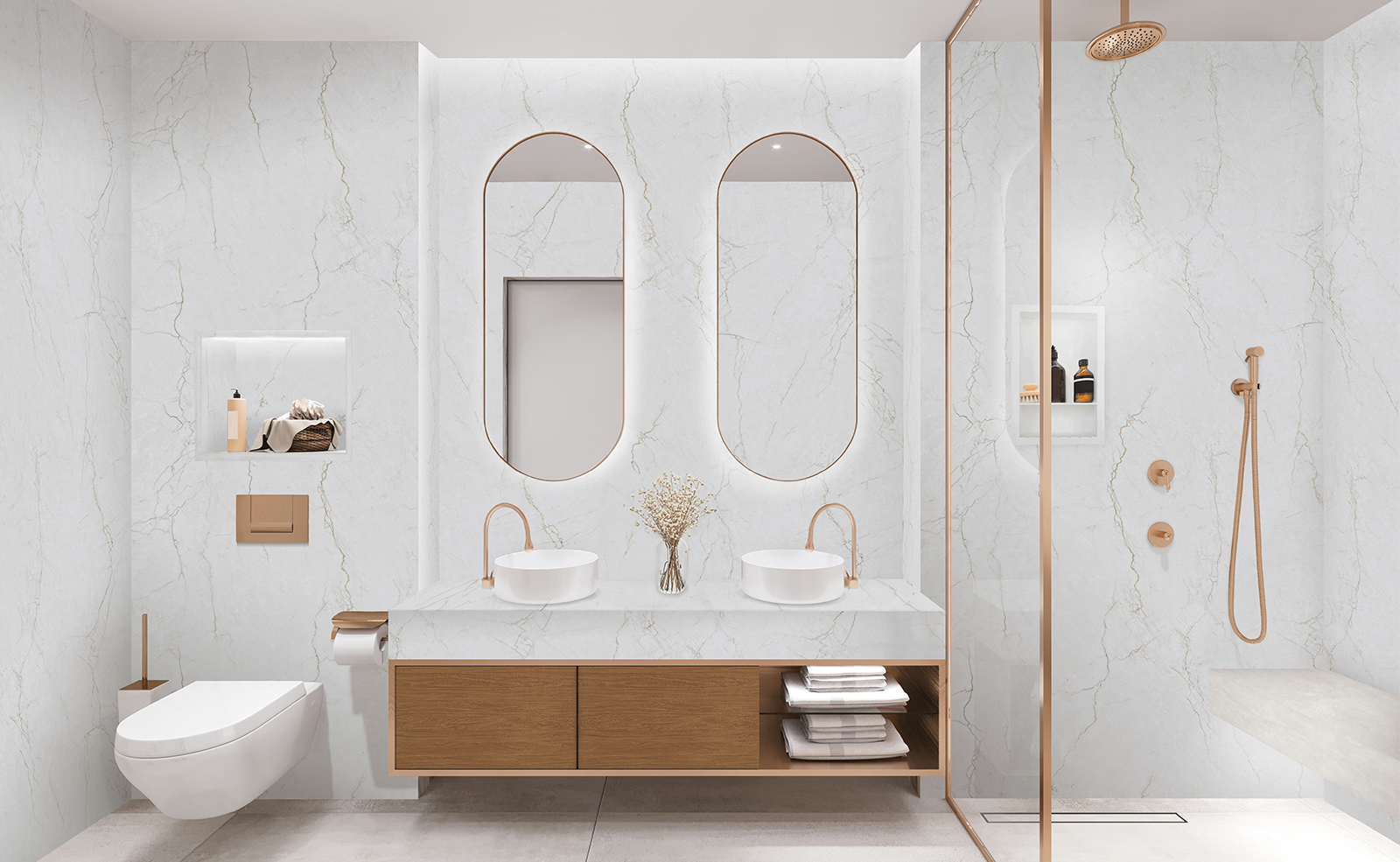 A bathroom with two sinks , a toilet , and a walk in shower.