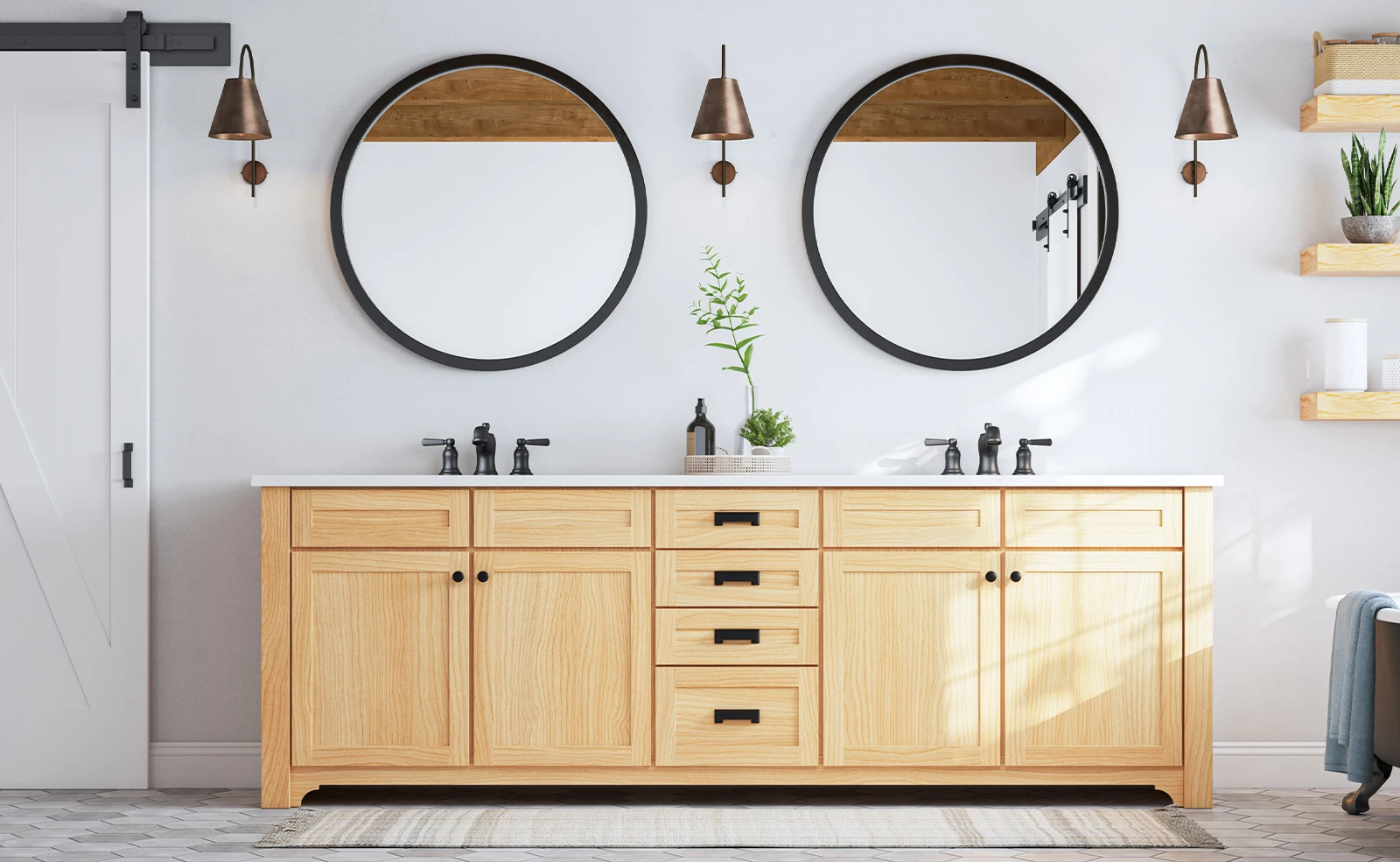 A bathroom with two sinks and two mirrors on the wall.