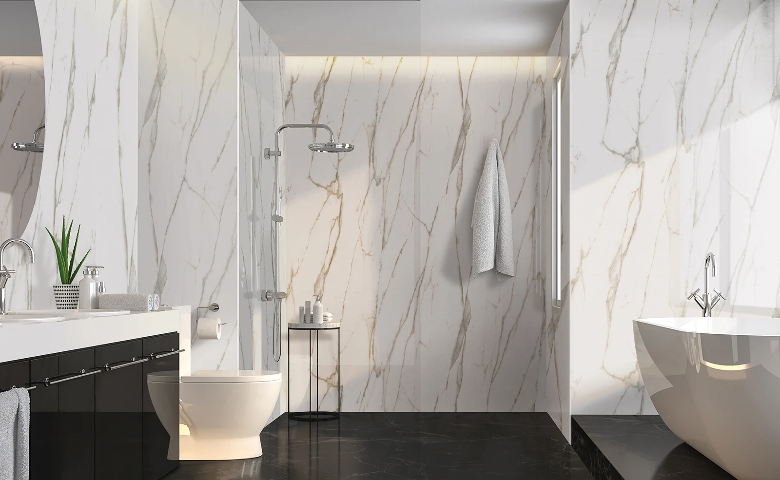 A bathroom with a bathtub , toilet , sink and shower.