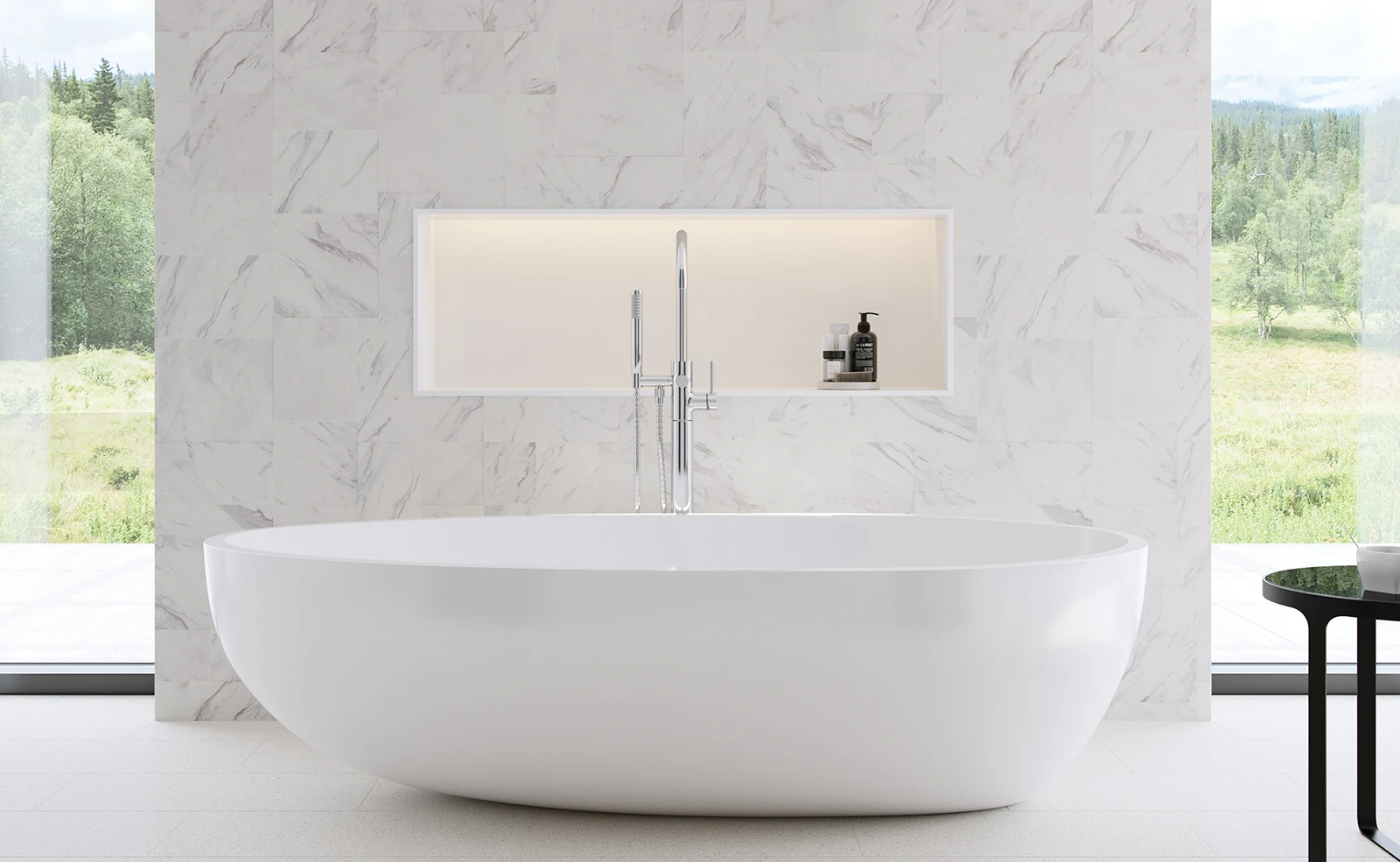 A white bathtub is sitting in a bathroom next to a window.