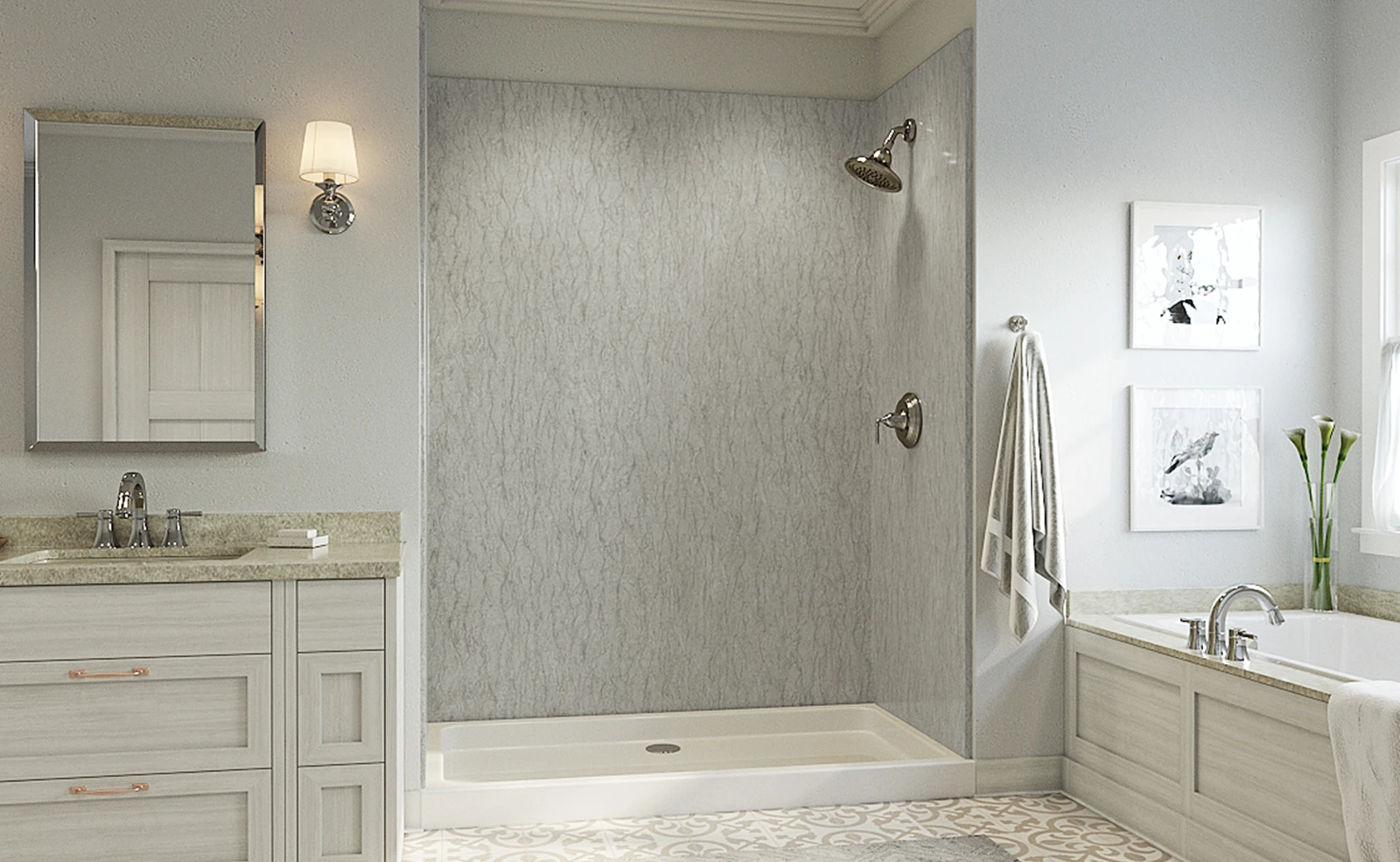 A bathroom with a walk in shower , sink , and bathtub.