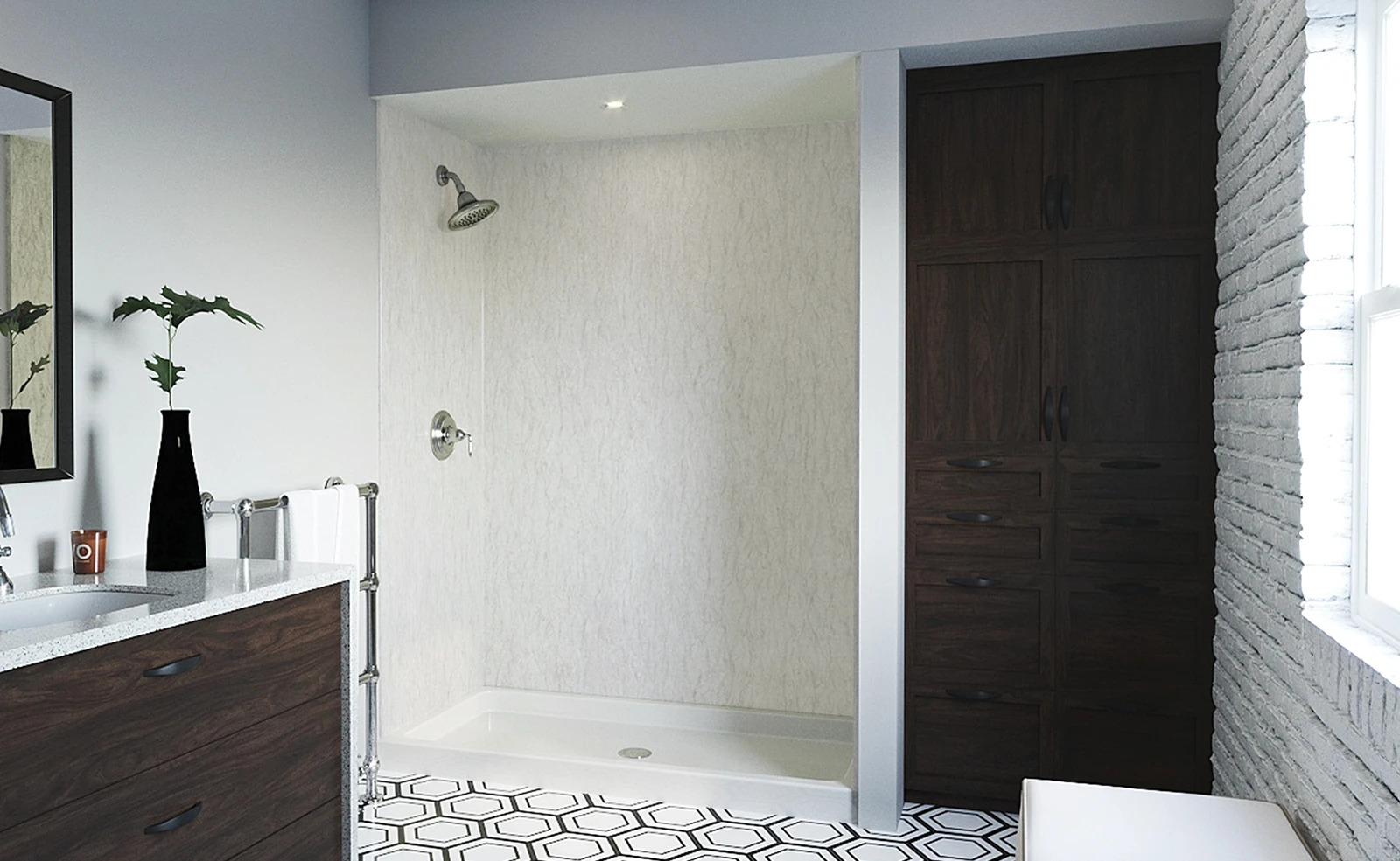 A bathroom with a walk in shower and a sink.