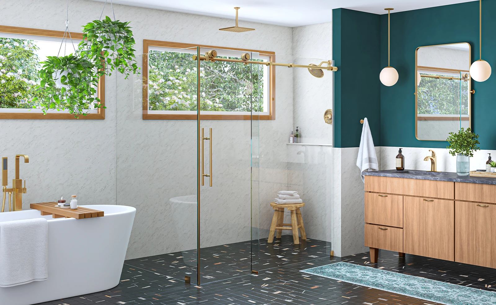 A bathroom with a bathtub , sink , mirror and walk in shower.