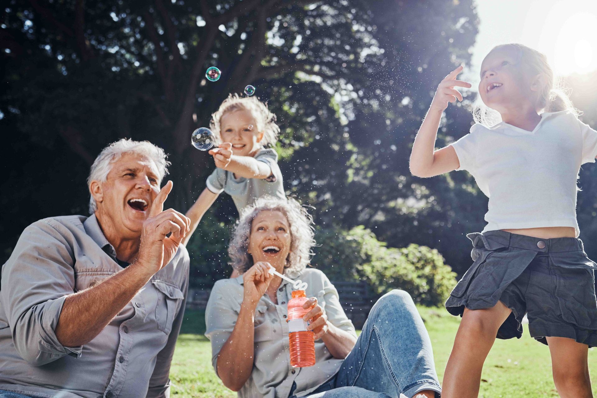 a family is blowing soap bubbles in a park