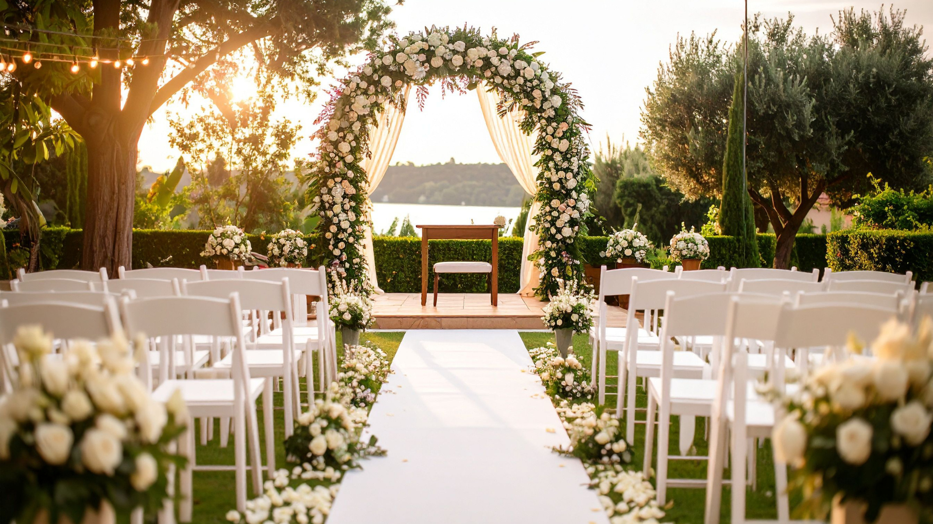 Outdoor wedding aisle with white chairs, floral arrangements, and sunset lake view