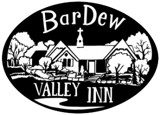Black-and-white BarDew Valley Inn logo with a house, trees, and church steeple in an oval frame