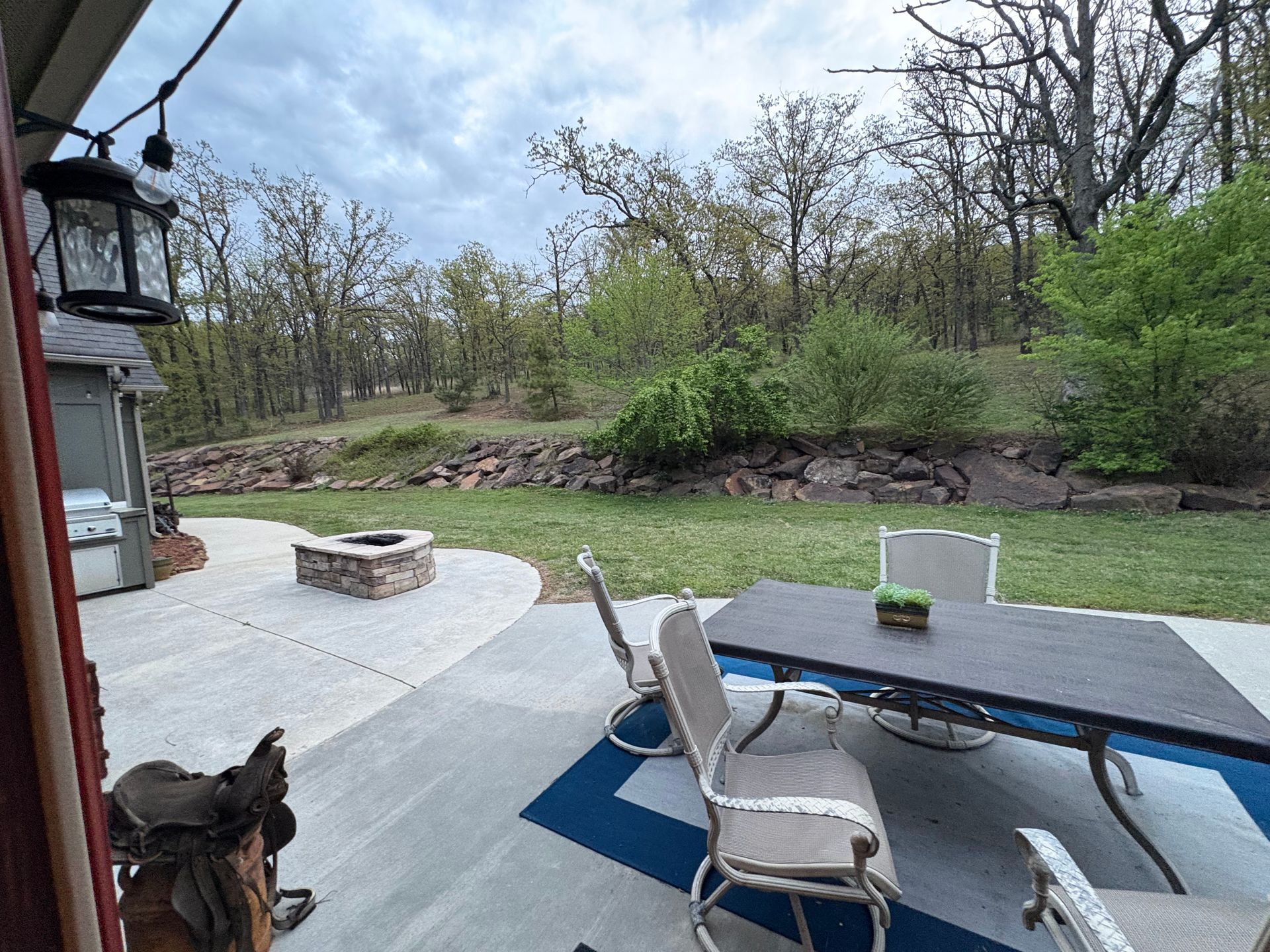 Patio with table and chairs overlooking a wooded backyard, with a dog at the left edge.