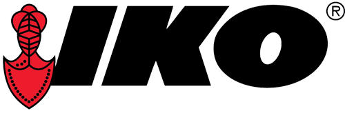 A black and red logo for iko with a red shield on a white background.