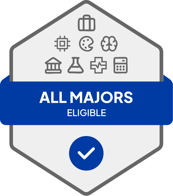 Badge with blue banner: 