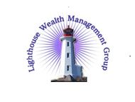 Lighthouse Wealth Management Group logo: A white lighthouse with a red top, purple burst rays, and text arching around it.