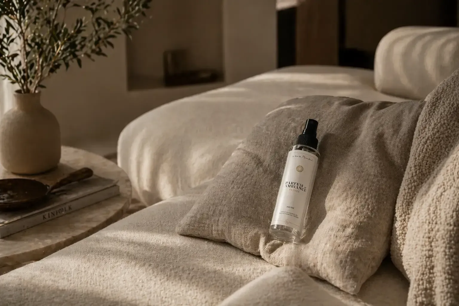 Parfum d’ambiance Les Bains de Marrakech posé sur un coussin dans un salon élégant