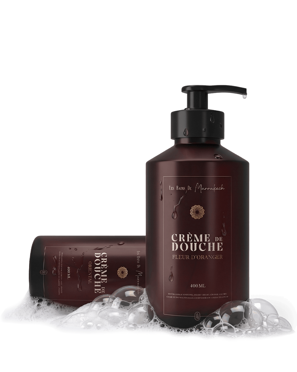 Crèmes de douche Fleur d’Oranger et Oriental Les Bains de Marrakech avec mousse