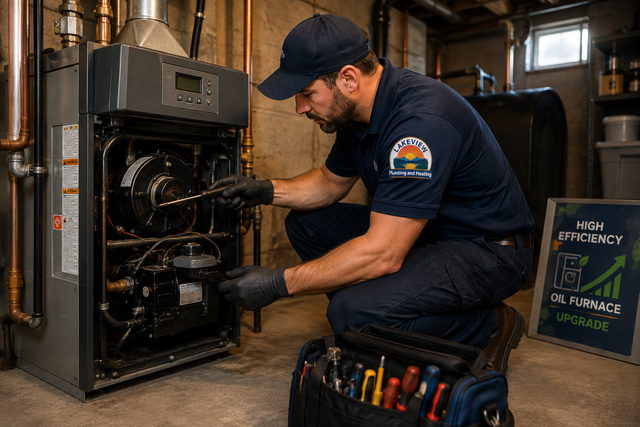 Technician inspecting an open furnace with tools in a workshop, next to a “high efficiency oil furnace” sign