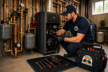 Technician repairing a boiler in a utility room, surrounded by copper pipes and tools.