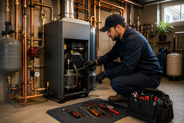Technician kneeling beside an open boiler, using tools in a utility room with copper pipes and equipment.