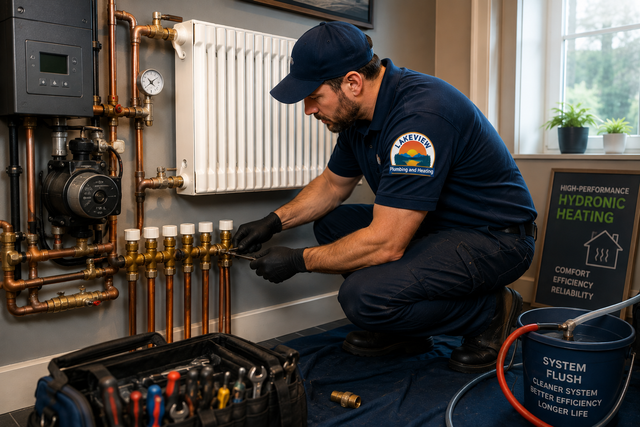 Technician in navy uniform installing copper pipes on a heating system indoors