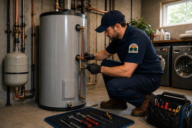 Plumber kneels beside a water heater, inspecting pipes in a utility room with tools laid out nearby.