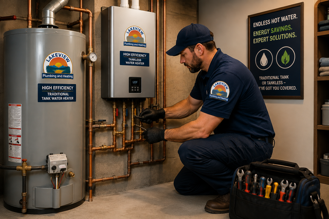 Technician kneels beside a water heater and boiler, inspecting copper pipes in a utility room.