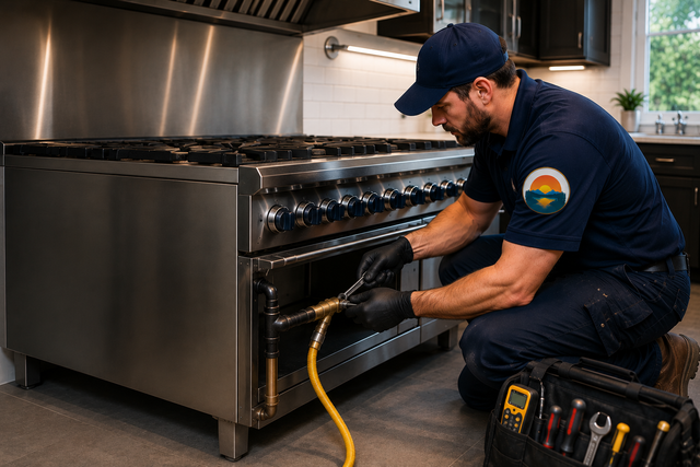 Technician servicing a stainless steel commercial oven in a kitchen, with tools and a yellow gas hose.