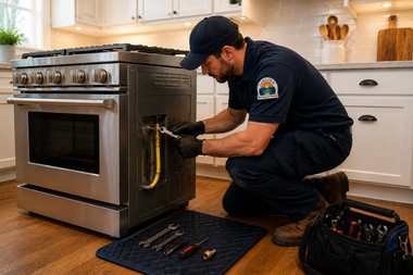 Technician kneels beside a stainless steel oven, using tools to repair it in a bright kitchen.