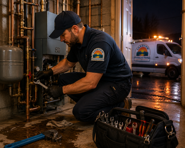 Plumber kneeling by pipes at night, repairing a leak with tools beside him and a service van in the background.