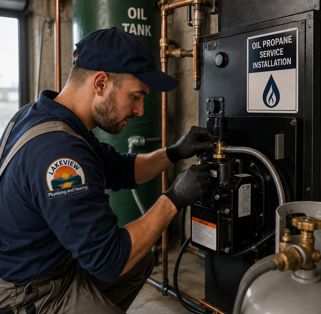 Worker in navy uniform adjusting equipment beside labeled oil tanks in an industrial facility